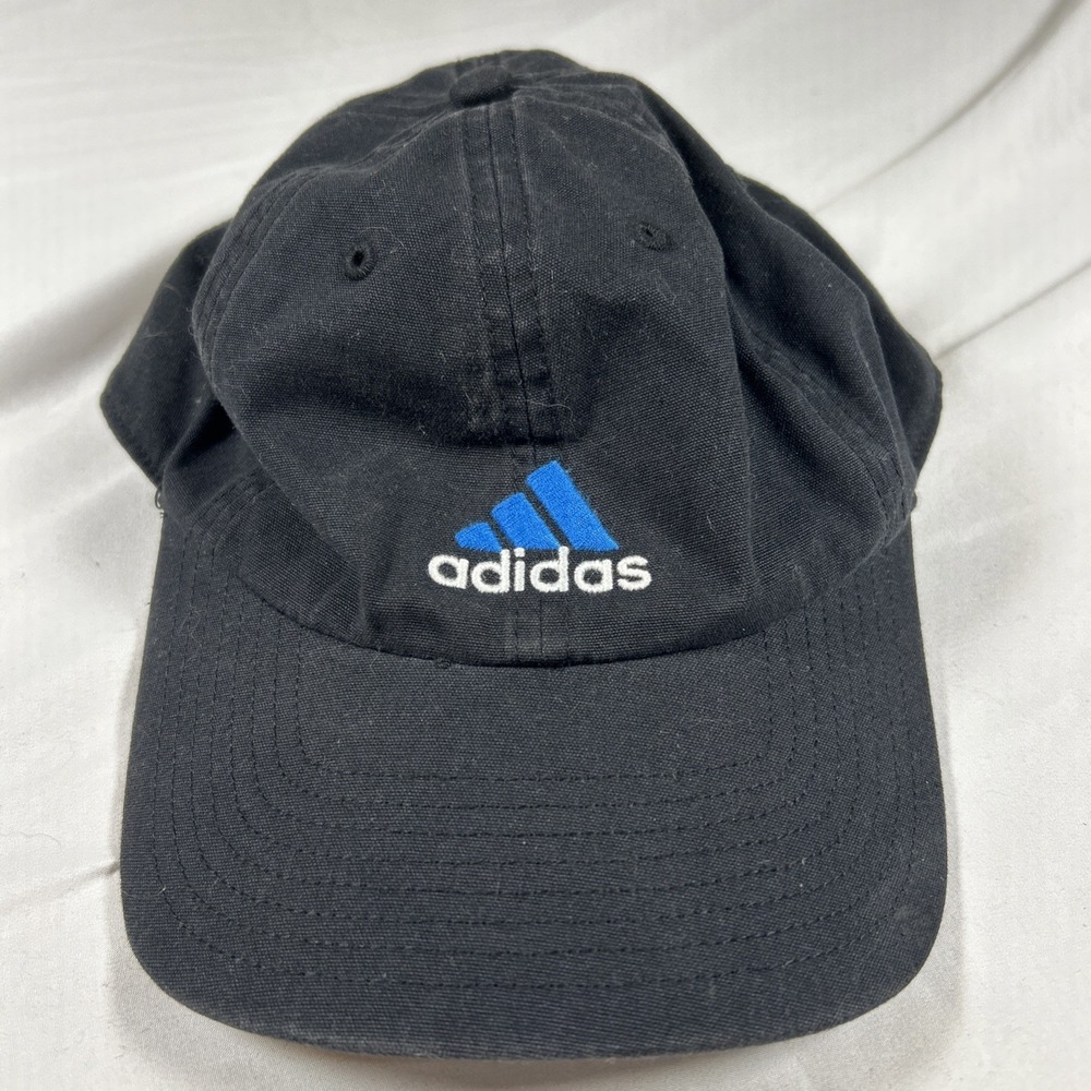 Adidas Cotton Strapback Baseball Cap Mens Black Blue Logo Hat RN90288